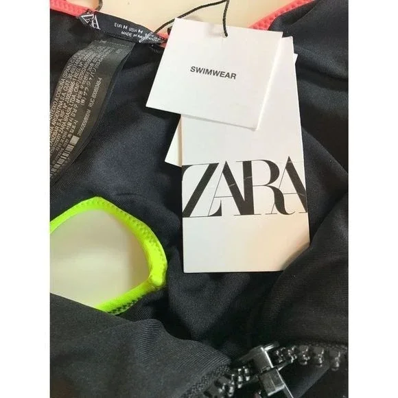 Zara Women’s Black Cut Out Piping Neón Trim Zip Front Cheeky Swimsuit Sz S NWT - Picture 9 of 14